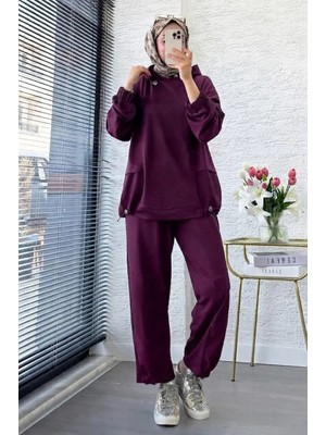 Miraydin Butik Kapüşonlu Paça Pile Detay Pantolon Takım M26153 - Mürdüm