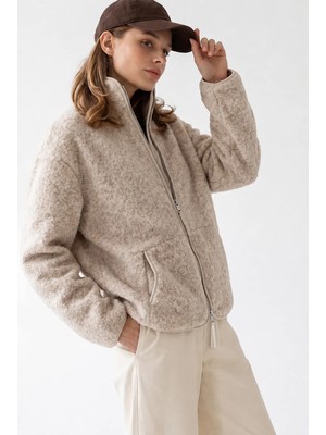 Mixray 4984 Kadın Fermuarlı Önden Cepli Yumuşak Dokulu Dik Yaka Polar Sweatshirt Naturel