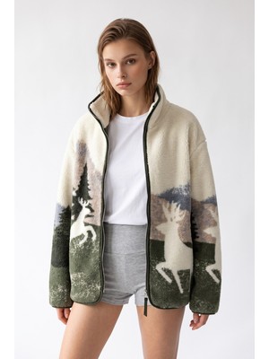 Mixray 4981 Kadın Geyik ve Orman Desenli Cepli Yumuşak Dokulu Polar Sweatshirt