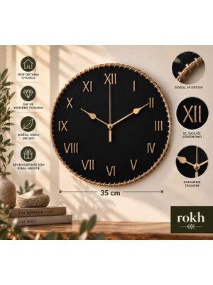 Rokh 35 cm Ahşap Görünümlü Duvar Saati | Ipli Roma Rakamlı Dekoratif Saat | Ev Ofis Dekoru