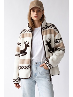 Mixray 4981 Kadın Geyik ve Kar Motifli Cepli Yumuşak Dokulu Polar Sweatshirt