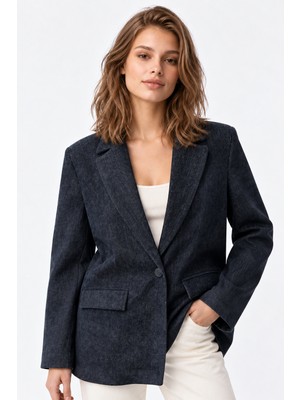 Mixray 4969 Kadın Kadife Dokulu Tek Düğmeli Blazer Ceket Lacivert