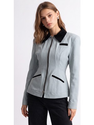 Mixray 2226 Kadın Astarlı Fileto Cepli Çift Fermuar Slim Fit ceket Buz Mavisi