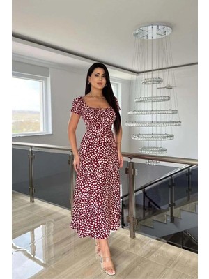 Semel Kadın Kare Yaka Kemerli Midi Elbise