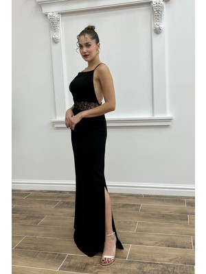 Lafaba Kadın Siyah Dantel Detay Yırtmaçlı Uzun Davet Elbisesi