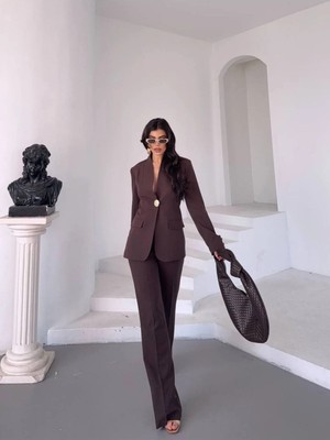 Suxircnhtmts Kadın Yeni Sezon Altın Düğme Detaylı Blazer Ceket Pantolon Takım