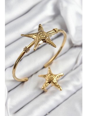 Mey İthalat Mey Ithalat® Pirinç Deniz Yıldızı Model Gold Renk Bileklik Yüzük Set