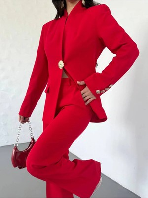 Suxircnhtmts Kadın Yeni Sezon Altın Düğme Detaylı Blazer Ceket Pantolon Takım