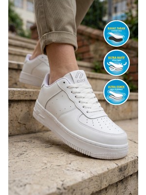 Cool Beyaz Bağcıklı Kalın Tabanlı Unisex Yürüyüş ve Spor Ayakkabı Klasik Sneaker Pekin Kısa