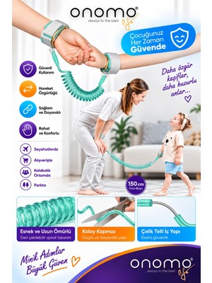 Onomo Life Yeşil Çocuk Bebek Kaybolma Önleyici Yürüyüş Emniyet Kemeri Anne Bileklik Kelepçes Güvenlik Bilekliği Turkuaz