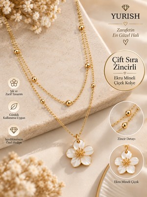 Yurish Kadın Gold Çift Sıra Zincirli Ekru Mineli Çiçek Kolye