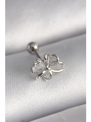 Mey İthalat Mey Ithalat® 316L Çelik Gümüş Renk Zirkon Taş Detay Kurdele Model Tragus Piercing