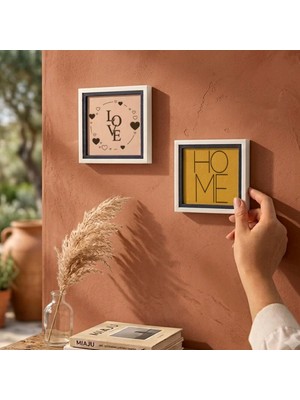 Miaju Love ve "home" Yazılı Ikili Kare Duvar Dekoru, Çerçeveli Minimalist Ev Temalı Tasarım 20X20 cm