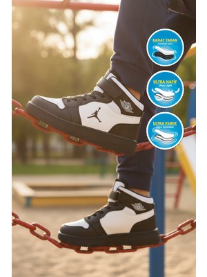 Cool Siyah-Beyaz Bilek Boy Cırtlı Kalın Tabanlı Basket Tarzı Unisex Çocuk Spor Ayakkabı Haykat Uzun Air