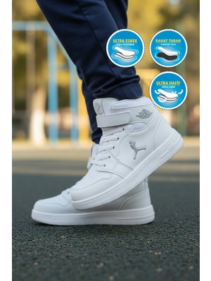 Cool Beyaz Bilek Boy Cırtlı Kalın Tabanlı Basket Tarzı Unisex Çocuk Spor Ayakkabı Haykat Uzun Air