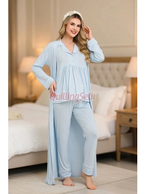 Quilling Mavi Renkli Derin Patlı, Gömlek Yaka, 33001 Sabahlıklı 3lü Lohusa Hamile Pijama Takımı