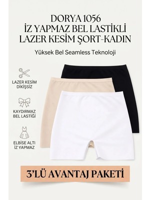 Dorya Kadın 3'lü Lazer Kesim Boxer Külot Seti Dikişsiz Yüksek Bel Siyah Beyaz Ten