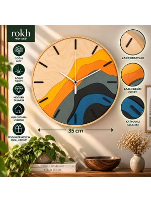 🌿 Rokh Renkli Hibrit Mdf Duvar Saati 35 cm | El Yapımı Lazer Kesim Dekoratif Saat | Modern Tasarım | Hediyelik
