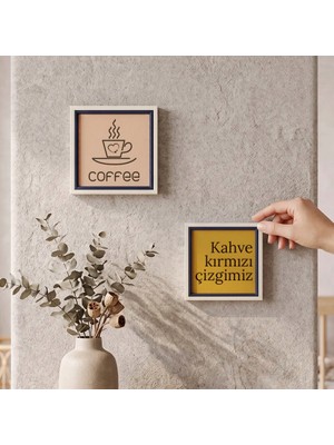 Miaju Kahve Temalı "coffee" ve "kahve Kırmızı Çizgimiz" Simgeli Ikili Duvar Seti, Ev ve Ofis Dekorasyonu 20X20 cm