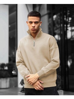 Zamerya Erkek Yarım Fermuarlı Üç Iplik Sweatshirt - Bej