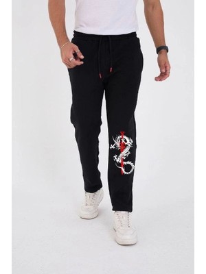 Zamerya Erkek Kışlık Üç Iplik Baskılı Eşofman Pantolon - Siyah
