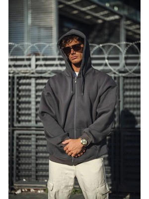 Zamerya Erkek Tam Fermuarlı Cepli Kapüşonlu 3 Iplik Pamuklu Hoodie Sweatshirt - Füme