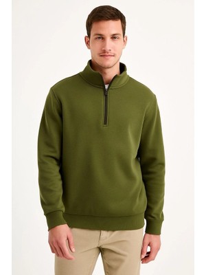 Zamerya Erkek Dik Yaka Sweatshirt Dik Yaka Yarım Fermuarlı 3 Iplik Şardonlu Pamuk Kumaş - Haki