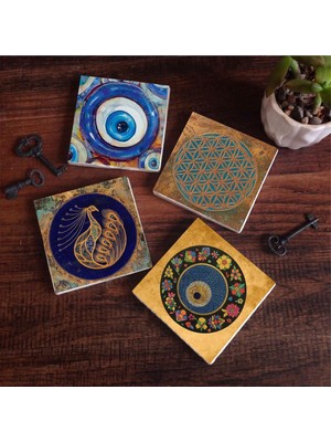 Esranın Dünyası Pinecone Stone Nazar, Yaşam Çiçeği, Tavus Kuşu Taş Bardak Altlığı Seti - 4 Parça - Dekoratif, Rustik Mutfak Aksesuarı, 10X10 Cm, Kaydırmaz Tabanlı, Şık ve Dayanıklı SC476