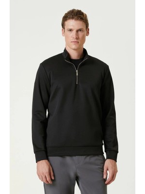 Zamerya Erkek 3 Iplik Pamuklu Uzun Kol Yarım Farmuarlı Yakalı Sweatshirt - Siyah