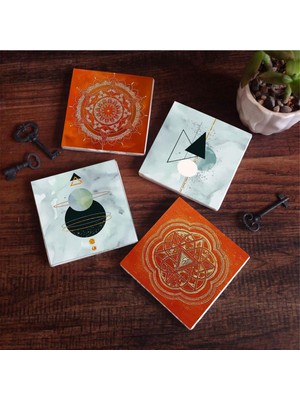 Esranın Dünyası Pinecone Stone Minimalist Soyut, Sri Yantra, Mandala Taş Bardak Altlığı Seti - 4 Parça - Dekoratif, Rustik Mutfak Aksesuarı, 10X10 Cm, Kaydırmaz Tabanlı, Şık ve Dayanıklı SC300