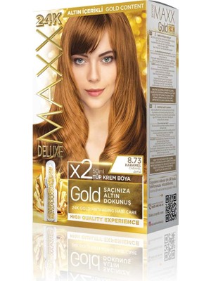Esranın Dünyası Maxx Deluxe Gold Serisi 24K Altın Parçacıklı Serum ile 1 Kutu 2 x 50 ml ve Geliştiriciler Saç Boyası (Karamel 8.73)