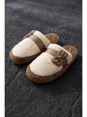 Nmoda Kadın Peluş Ev Terliği Kürklü Fiyonklu Yumuşak Tabanlı Sıcak Tutan Arkası Açık Kışlık Panduf Terlik