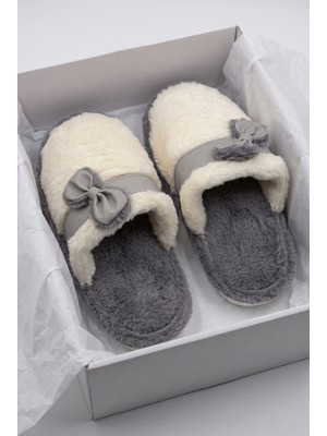 Nmoda Kadın Peluş Ev Terliği Kürklü Fiyonklu Yumuşak Tabanlı Sıcak Tutan Arkası Açık Kışlık Panduf Terlik