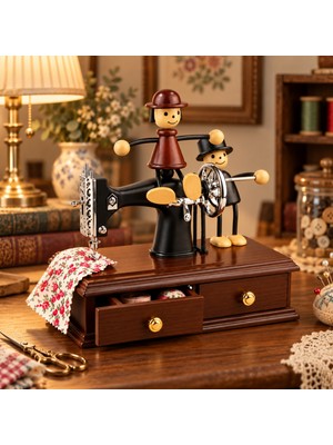 CoverZone Retro Dikiş Makinesi Tasarımlı Müzik Kutusu, Romantik Çift Figürlü Vintage Dekoratif Masaüstü Süs, Hediyelik Nostaljik Müzik Kutusu, MK51
