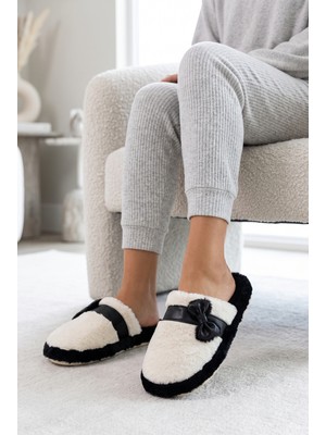 Nmoda Kadın Peluş Ev Terliği Kürklü Fiyonklu Yumuşak Tabanlı Sıcak Tutan Arkası Açık Kışlık Panduf Terlik