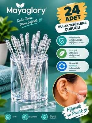 MAYAGLORY Yeni Nesil 24 Adet Yapışkanlı Silikon Uçlu Kulak Temizleme Çubuğu Tekrar Kullanılabilir Hijyenik Kulak Temizleme Aparatı