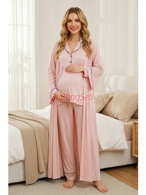 Quilling Pudra Renkli ve Derin Patlı Gömlek Yaka Lady 33001 Uzun Kol Sabahlıklı Hamile Pijama Takımı