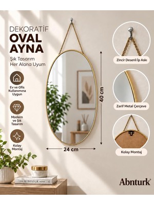 Abnturk 40X24CM Dekoratif Oval Duvar Aynası-Metal Çerçeveli Salon Mutfak Antre Banyo Aynası