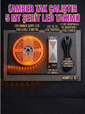 Econa Amber Şerit LED Tam Takım Yanar Vaziyette Mutfak Dolabı Tezgah Üstü Için 5 Metre Amber Şerit LED Işık LED Trafosu+Anahtarlı Kablo Adaptörlü Anahtarlı Tak Çalıştır