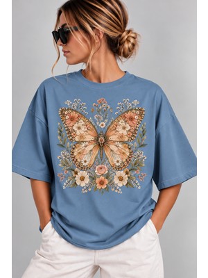 Vintage Kelebek Çiçek Baskılı Oversize Kadın T-