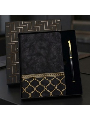 Hediye Fikri Kişiye Özel Gold Desen Siyah Deri Defter Kalem Set