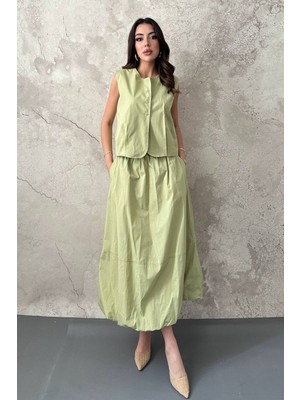 End Black Olive Poplin Yelek Etek Takım