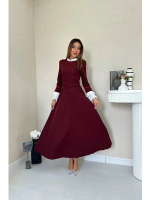 End Black Bordo Yaka ve Kollerı Pileli Elbise