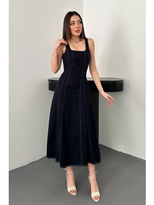 End Black Lacivert Çift Dikişli Gabardin Elbise
