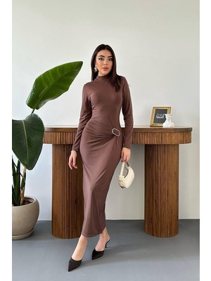 End Black Kahverengi Beli Tokalı Elbise