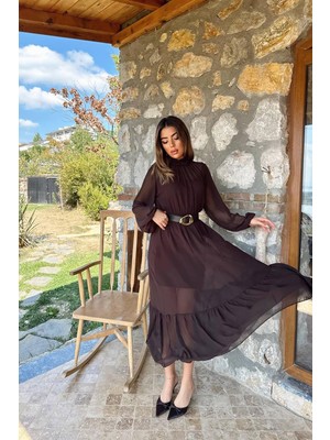 End Black Kahverengi Eteği Fırfırlı Şifon Elbise