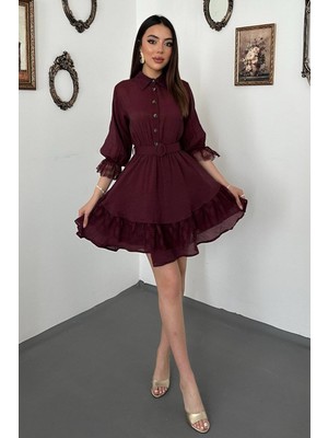 End Black Bordo Önü Patlı Dantelli Elbise