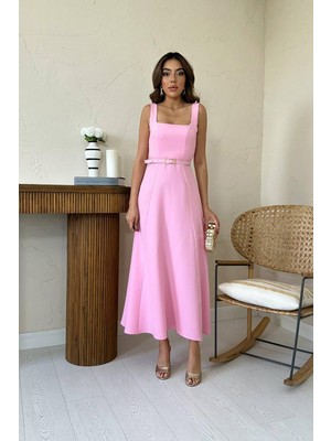 End Black Pembe Kemerli Uzun Atlas Elbise