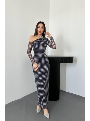 End Black Lacivert Ekose Desen Tül Elbise