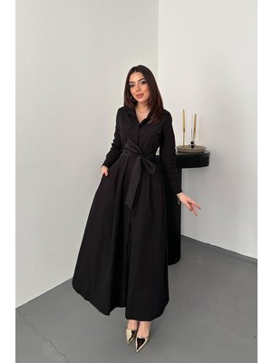 End Black Siyah Düğmeli Poplin Elbise